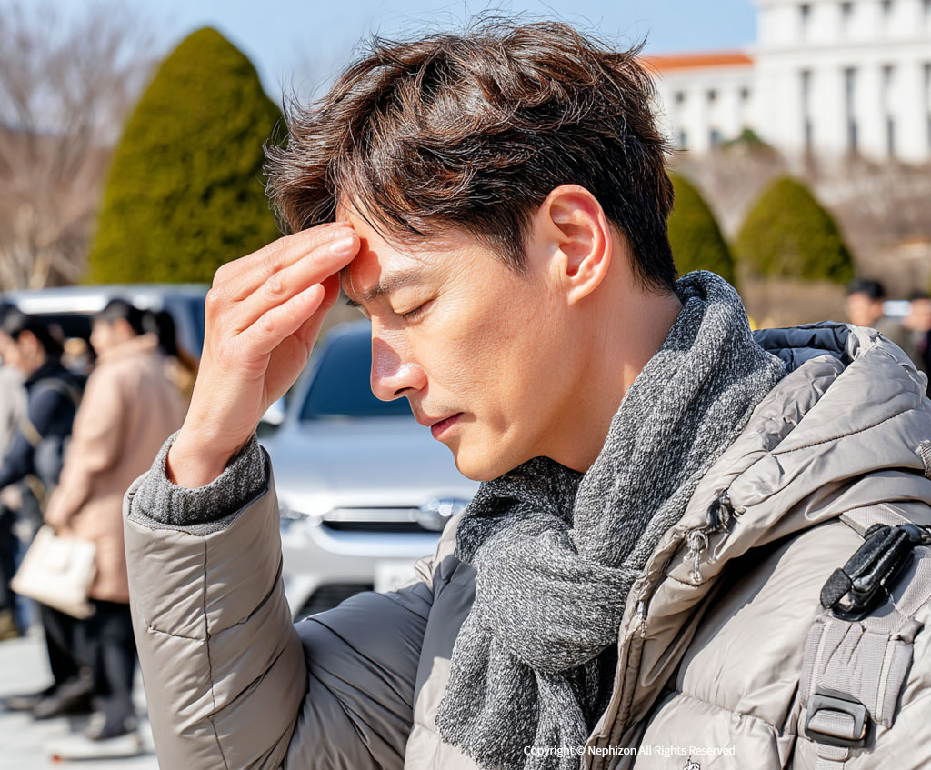 햇빛 아래 이마를 짚고 어지럼증을 느끼는 남성