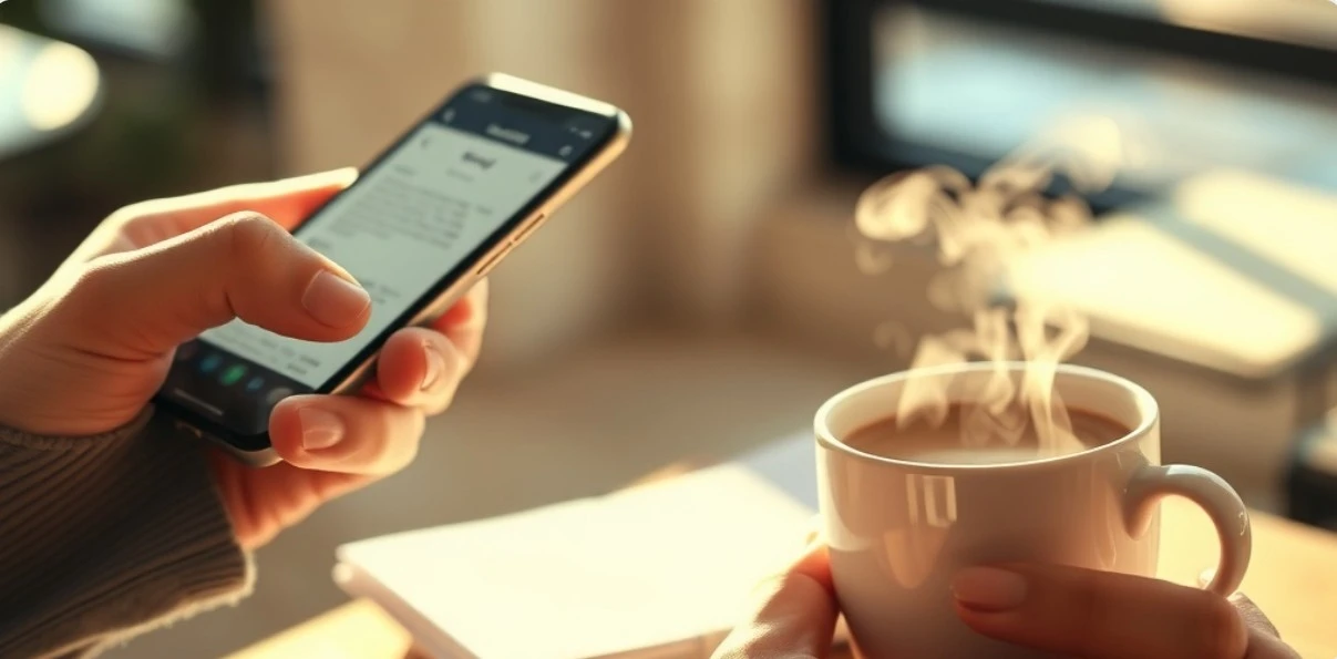 커피를 마시며 스마트폰 공부 앱을 여는 손 클로즈업