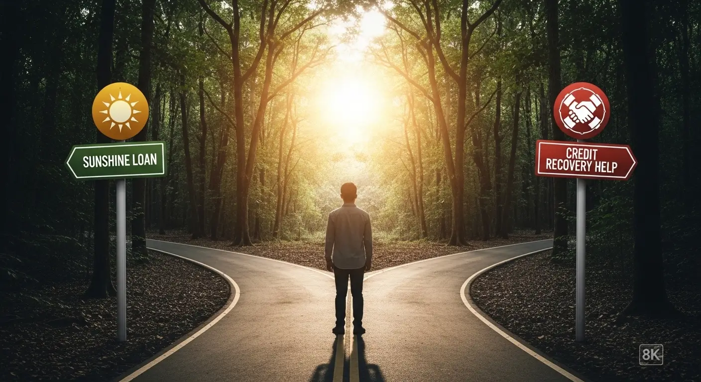 햇살론15 특례보증과 신용회복위원회 워크아웃이라는 두 가지 마지막 선택지를 보여주는 갈림길 이미지