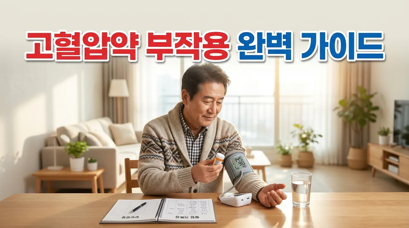 가정에서 혈압을 측정한 뒤 고혈압약을 복용하는 중년 남성