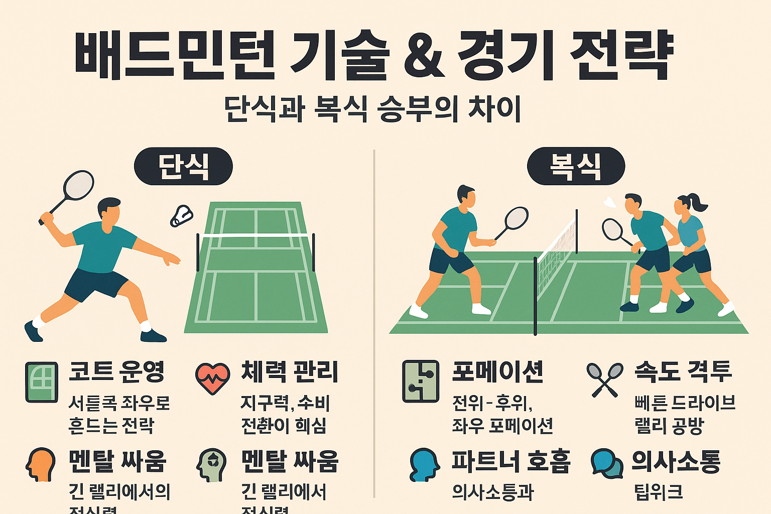 배드민턴 기술 & 경기 전략 – 단식과 복식 승부의 차이