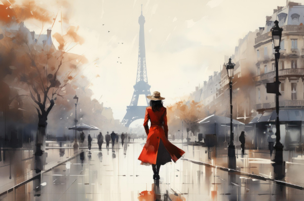 에펠탑이 보이는 파리의 거리를 걷고 있는 한 여성의 모습