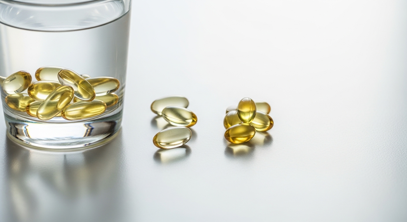 투명한 물잔 옆에 놓인 수용성 비타민 캡슐과 지용성 비타민 소프트젤. 간헐적 단식 중 섭취 가능한 영양제와 식후 섭취 권장 영양제를 구분하여 보여줍니다.