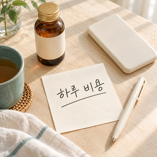 성분표와 계산기, 제품 가격을 적은 메모가 놓인 식탁