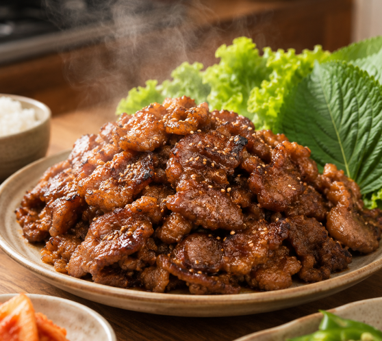 김이 모락모락 나는 바싹 간장 불고기가 정갈한 도자기 접시에 담겨 통깨가 솔솔 뿌려진 풍성하고 압도적인 비주얼