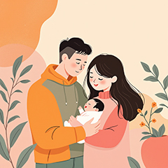 신생아를 품에 안고 있는 젊은 부부의 따뜻한 모습, 육아휴직급여 제도의 소중함을 표현