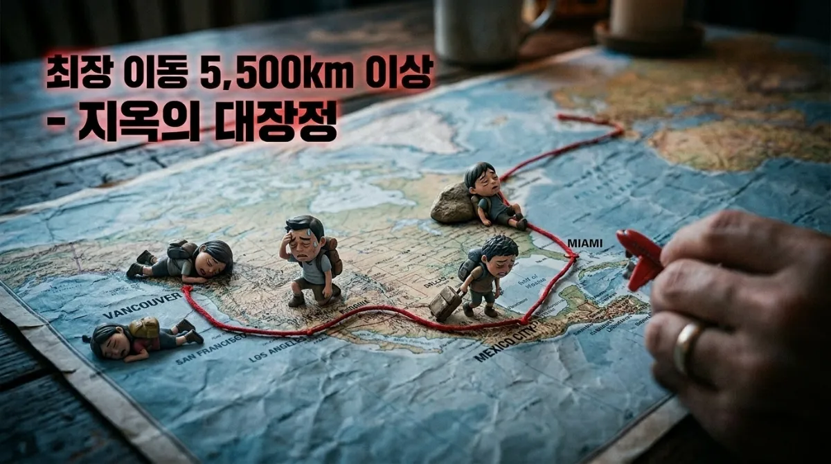 최장 이동거리 5,500km 이상의 지옥 같은 대장정을 지도 위 지친 캐릭터들로 표현한 이미지