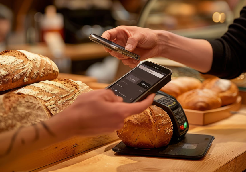 빵집 계산대에서 결제 중인 소비자 손과 스마트폰 결제기