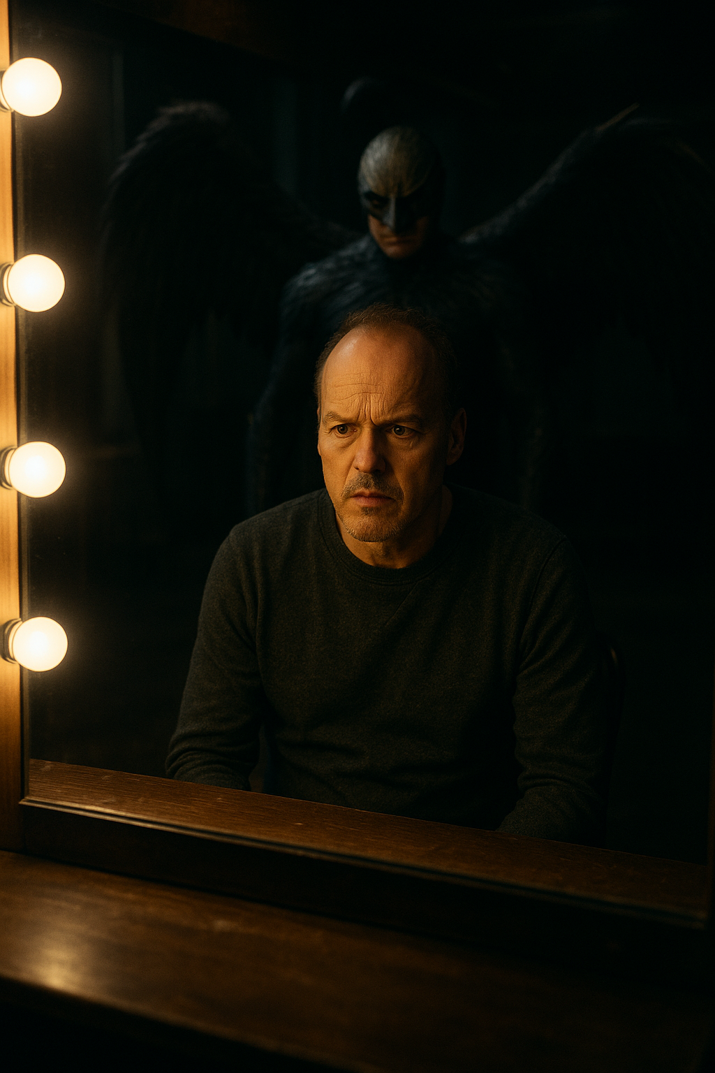 극장 백스테이지에서 거울 앞에 앉은 남성 배우. 그의 뒤에는 날개 달린 ‘버드맨’ 환영이 어렴풋이 비치며, 배우는 혼란스럽고 비장한 표정을 짓고 있는 이미지