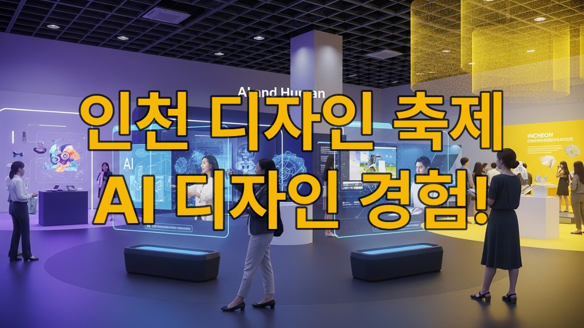 AI와 인간의 협업을 주제로 한 2025 인천국제디자인페어의 활기찬 전시장 풍경. 방문객들이 AI 디자인 작품과 인터랙티브 전시를 체험하고 있다.