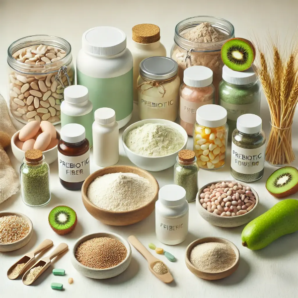 하얀 배경 위에 정리된 장 건강 및 마이크로바이옴 케어용 프로바이오틱스, 프리바이오틱스, 발효 식품의 전문 스튜디오 촬영 사진