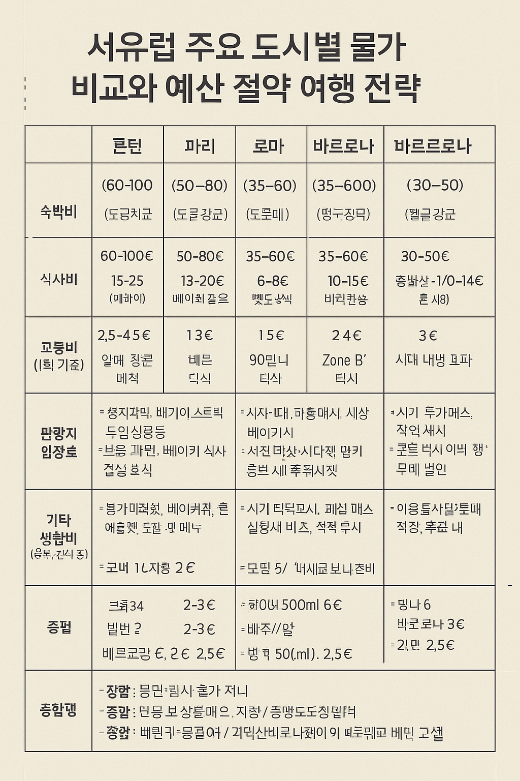 서유럽 주요 도시별 물가 비교와 예산 절약 전략