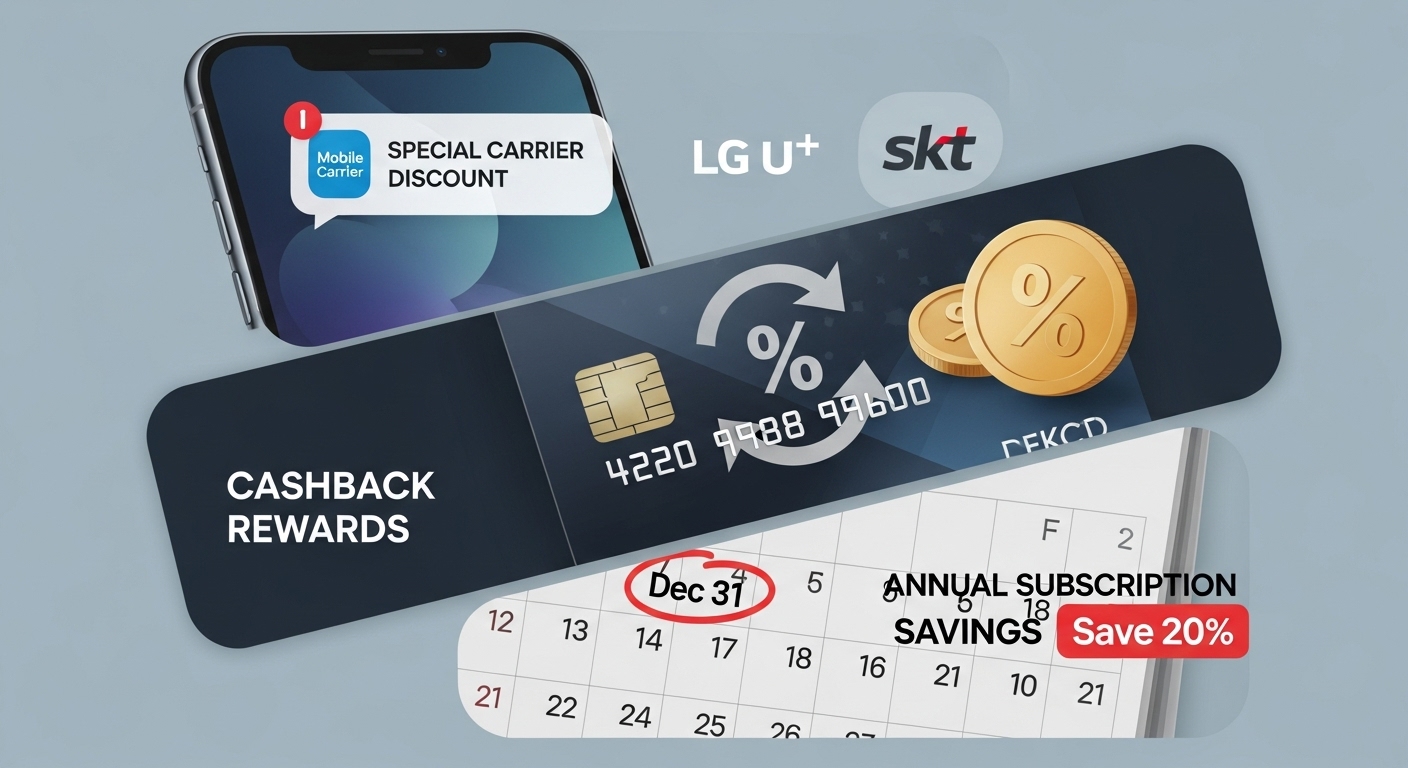 통신사 로고, 신용카드, 달력 아이콘이 합쳐져 통신사 제휴, 카드 할인, 연간 구독 등 디즈니플러스 할인 혜택을 상징하는 이미지.