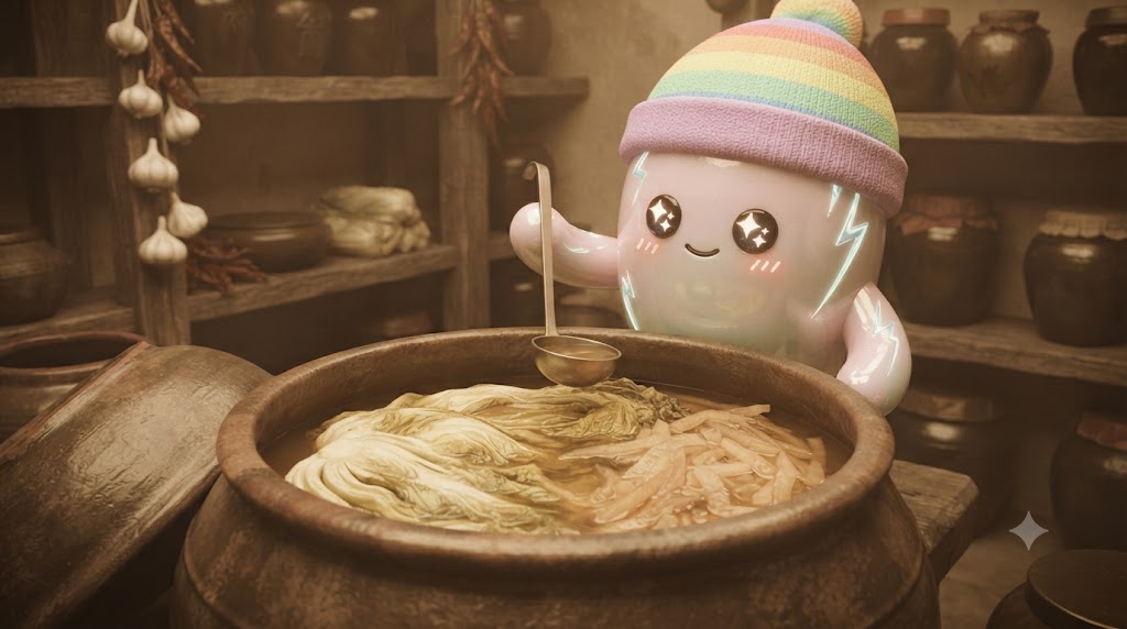 제주와 남도 지방의 깊은 맛, 푹 익은 신건지 항아리입니다. 쫀쿠가 노르스름하게 잘 익어 깊은 산미가 느껴지는 배추와 열무를 국물째 한국자로 떠 올리고 있습니다