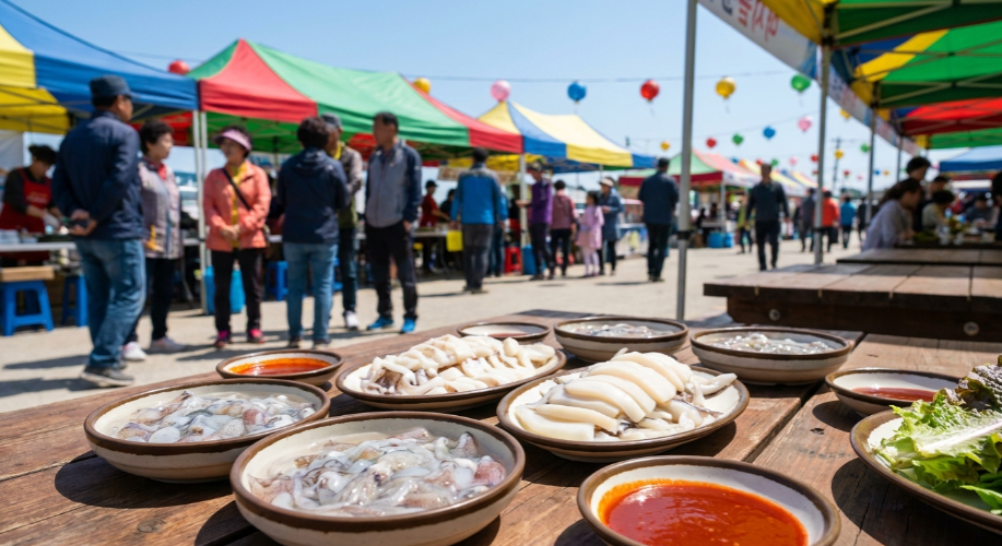 활기찬 서천 장항항 축제 현장과 꼴뚜기, 갑오징어 요리가 가득 차려진 모습
