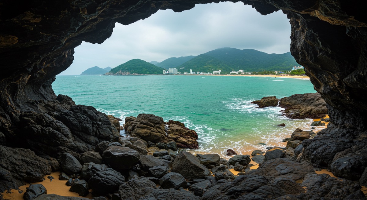 다낭 손짜반도의 숨겨진 해변인 오바마 바위 해변의 전경과 푸른 바다