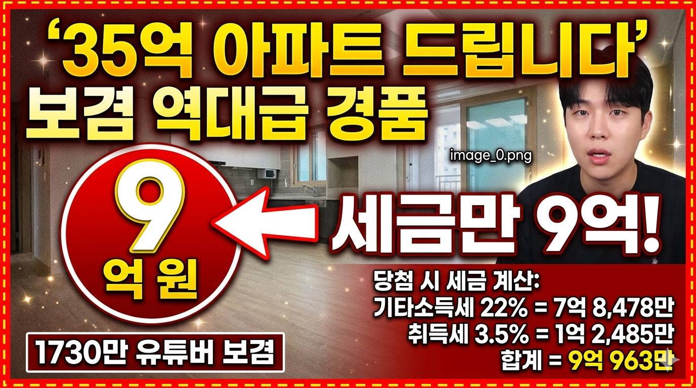 "35억 아파트 드립니다" 보겸 유튜브 영상 캡처와 당첨 시 세금 9억 원 계산 수치가 강조된 썸네일 이미지
