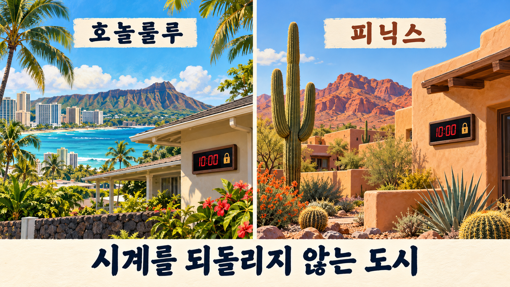 서머타임을 시행하지 않는 호놀룰루와 피닉스의 거리와 시계
