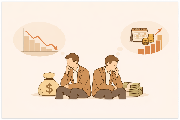 하락장과 상승장에서 적립식과 거치식의 심리 차이를 표현한 일러스트