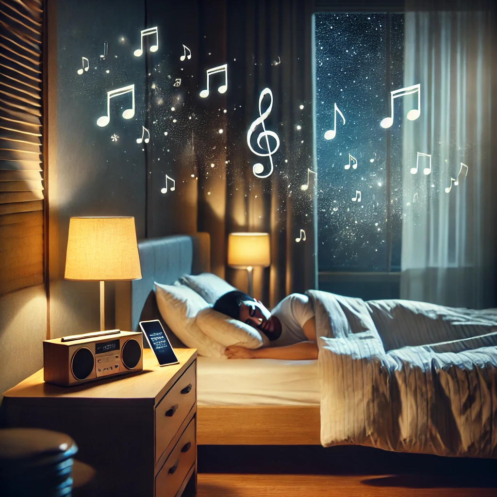 깊은 수면을 유도하는 음악을 들으며 편안하게 잠드는 장면을 담은 그림입니다. 따뜻한 조명과 부드러운 분위기가 숙면에 도움을 주는 느낌을 강조하고 있어요.