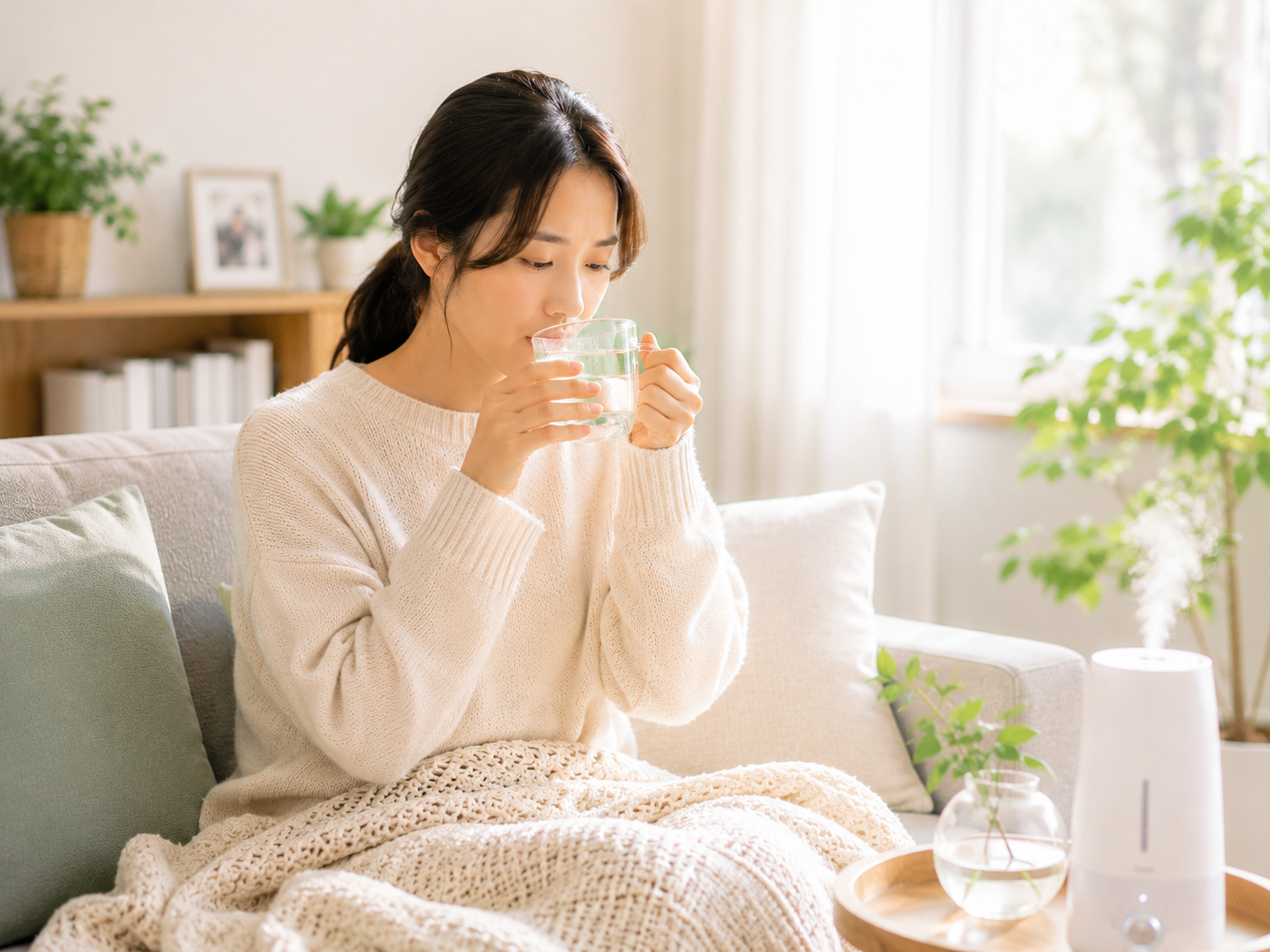 기침이 오래 지속되어 목이 불편한 사람이 따뜻한 물을 마시는 모습