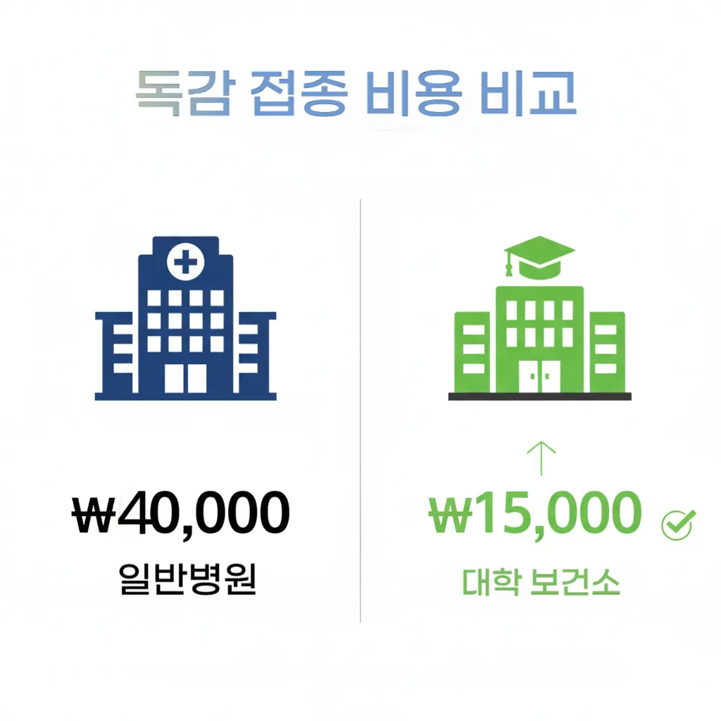 "일반 병원과 대학교 보건소의 독감 접종 비용을 비교하는 인포그래픽"