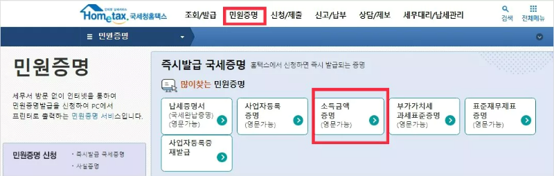 홈텍스 홈페이지 민원증명>소득금액증명 확인 화면