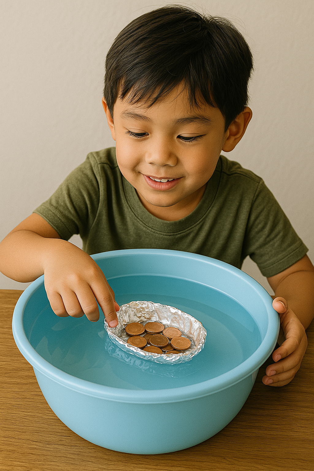 아이의 알루미늄 포일 보트 실험 장면