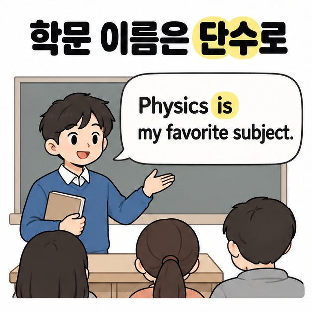학문 이름은 단수로 문구 아래 학생이 교실에서 Physics is my favorite subject라는 문장으로 발표하는 모습
