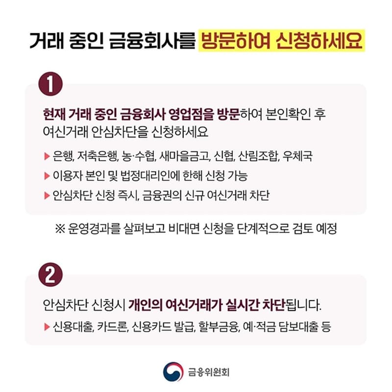 여신거래안심차단 서비스 신청을 독려하는 금융위원회의 안내표