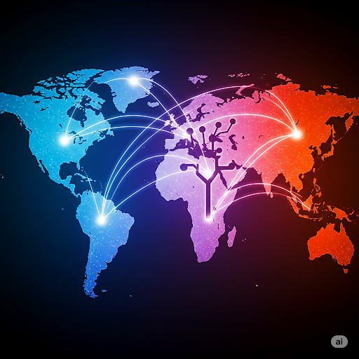 브랜드 로고 또는 빛의 흔적이 세계 지도의 대륙들을 연결하며 글로벌 확장, 도달 범위, 다양한 시장과의 연결을 나타내는 추상적이고 상징적인 표현