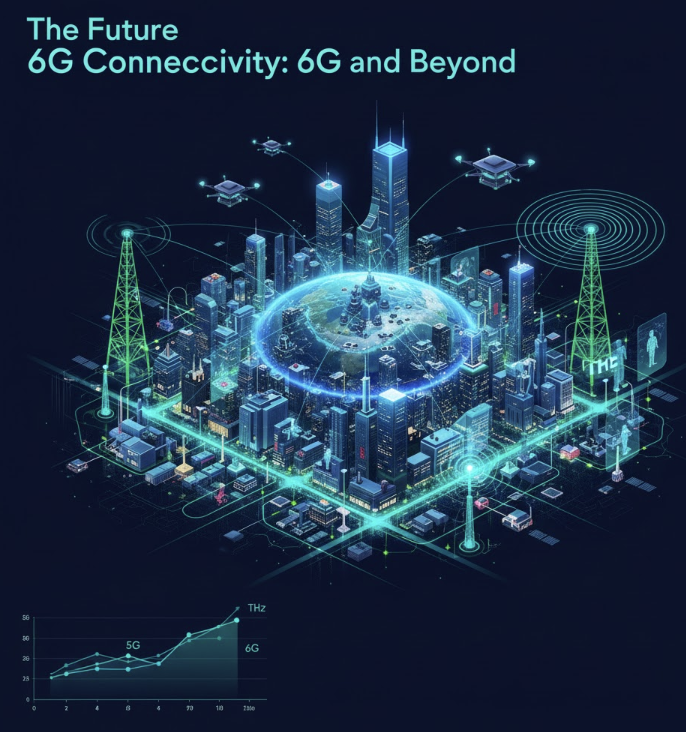 지상 기지국, 저궤도 위성, 도심 항공 모빌리티가 유기적으로 통합되어 초고속·초저지연 통신을 실현하는 6G 3차원 네트워크 구조 인포그래픽 이미지.