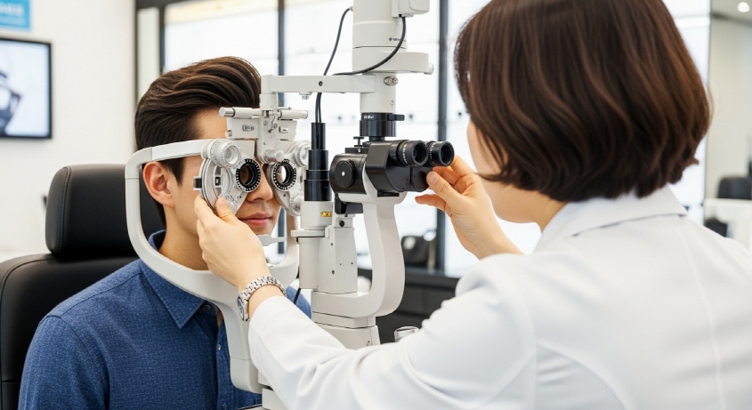 안경점에서 시력 검사 받는 청년