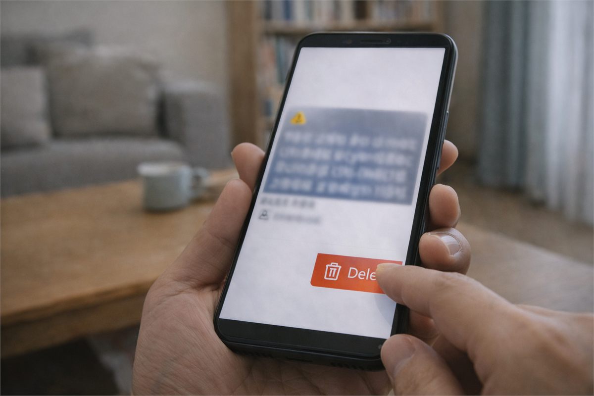 수상한 문자를 보고 스마트폰에서 삭제하는 손의 클로즈업 장면 