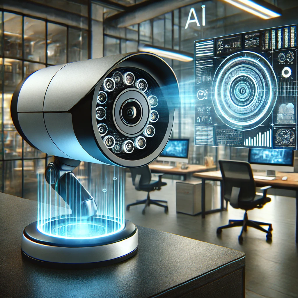 AI 기능이 탑재된 미래형 보안 카메라가 현대적인 사무실에 설치된 모습&amp;#44; 빛나는 LED 표시등과 실시간 분석 데이터를 표시하는 홀로그램 인터페이스&amp;#44; 배경에는 컴퓨터와 대형 디지털 스크린이 있는 첨단 작업 공간이 보임