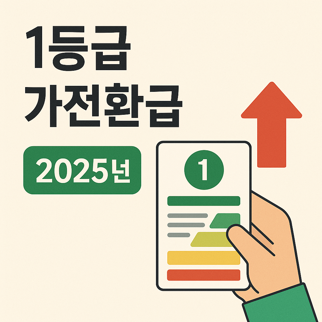 2025년 1등급 가전환급 안내를 위해, 굵은 한글 텍스트 &lsquo;1등급 가전환급&rsquo;과 &lsquo;2025년&rsquo;이 강조되고, 손에 들린 에너지효율 등급표와 상승 화살표가 함께 배치된 평면 일러스트 썸네일 이미지
