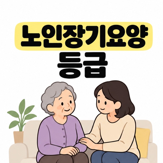 노인장기요양 등급 제목 아래 소파에 앉은 노인과 곁에서 손을 잡고 이야기를 나누는 가족
