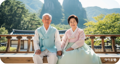 청송 주왕산 마을 한옥 마당의 평상 위에 나란히 앉아 있는 노부부