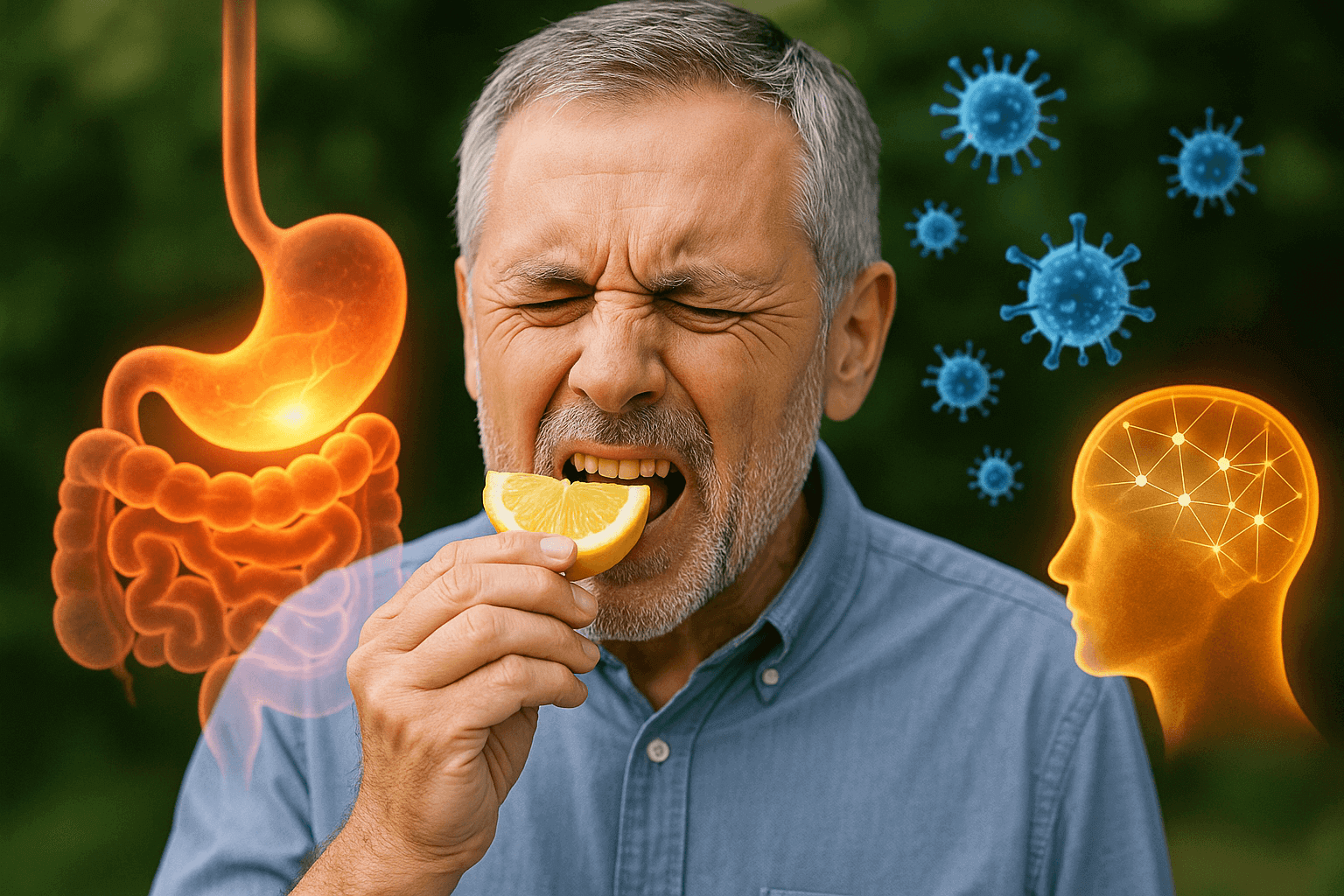 중장년층에게 신맛이 위장과 면역 노화방지에 좋음을 표현한 이미지