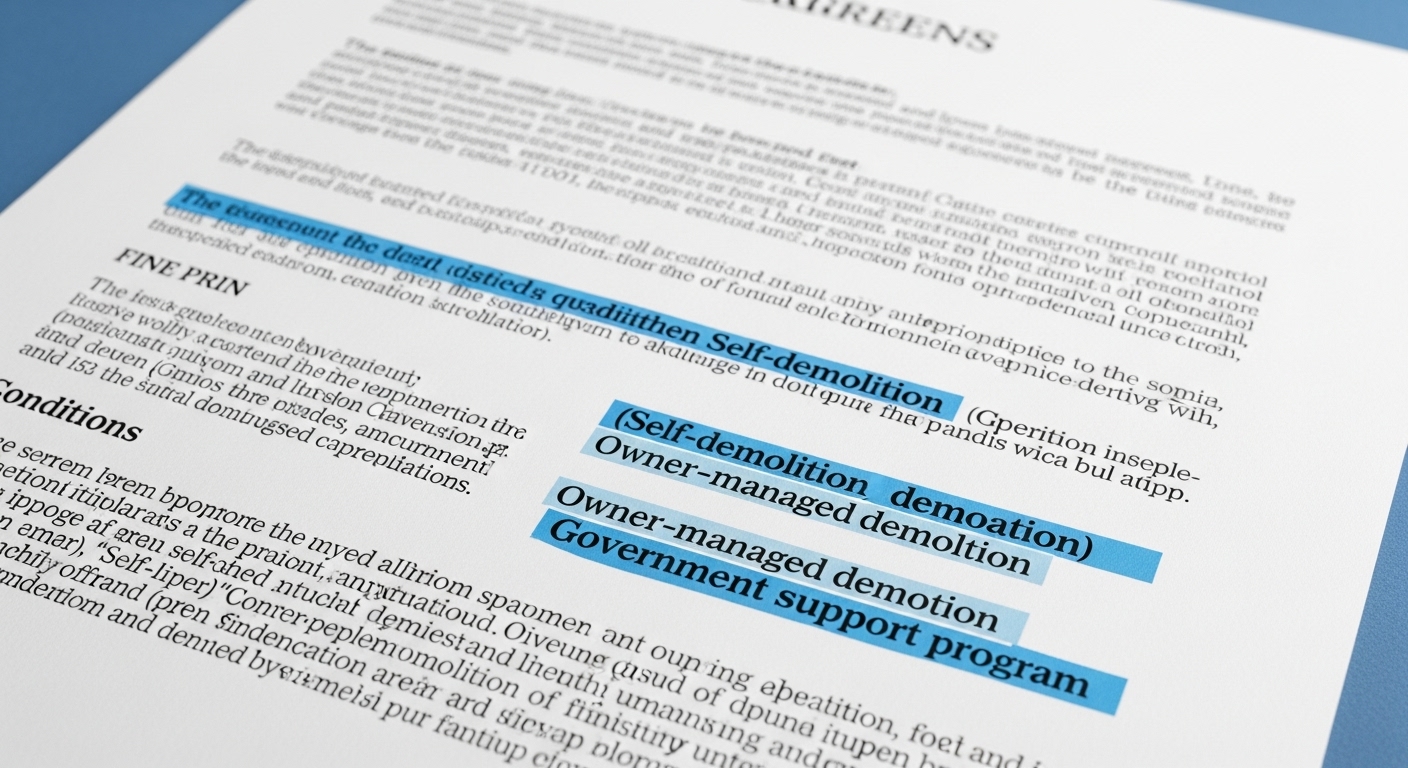 복잡한 계약서와 중요 조항이 파란색으로 강조된 서류 이미지, 자력 철거 관련 규정을 상징.