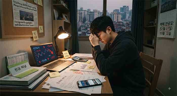 책상 앞에 앉아 하락하는 주식 그래프를 보며 머리를 감싸 쥐고 괴로워하는 남성의 모습.