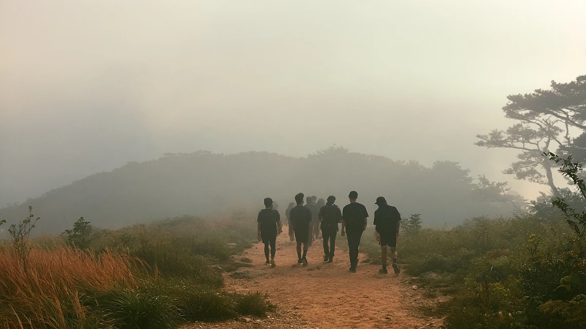 지리산 등산로를 함께 걷는 등산 모임원들
