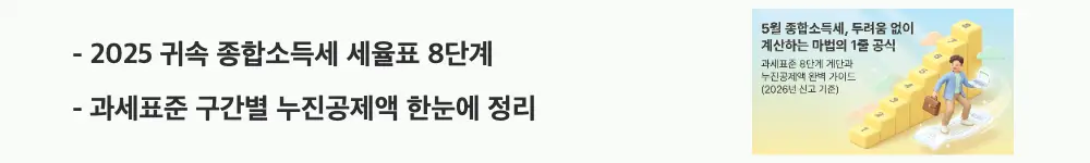종합소득세 세율: &rsquo;2025 귀속 종합소득세 세율표 8단계 / 과세표준 구간별 누진공제액 한눈에 정리'라는 문구가 포함된 웹배너 이미지. 이 이미지는 2025년 귀속 종합소득세 8단계 세율과 구간별 누진공제액 정보를 시각적으로 전달하며, 블로그의 종합소득세 세율 구간별 계산 방법과 관련된 내용을 설명함