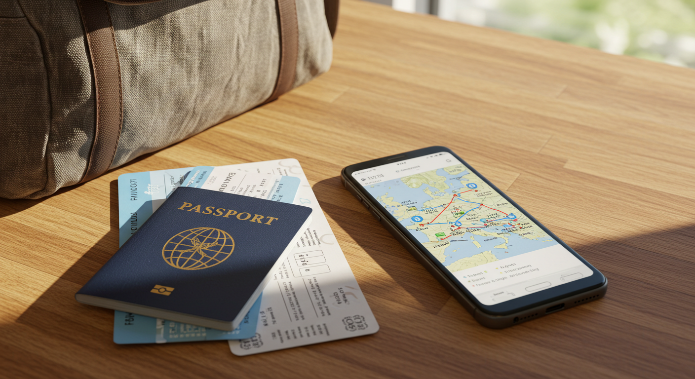 30세 성인의 7박 8일 유럽 여행을 위한 여권, 서류, 스마트폰이 놓인 깔끔한 구성.
