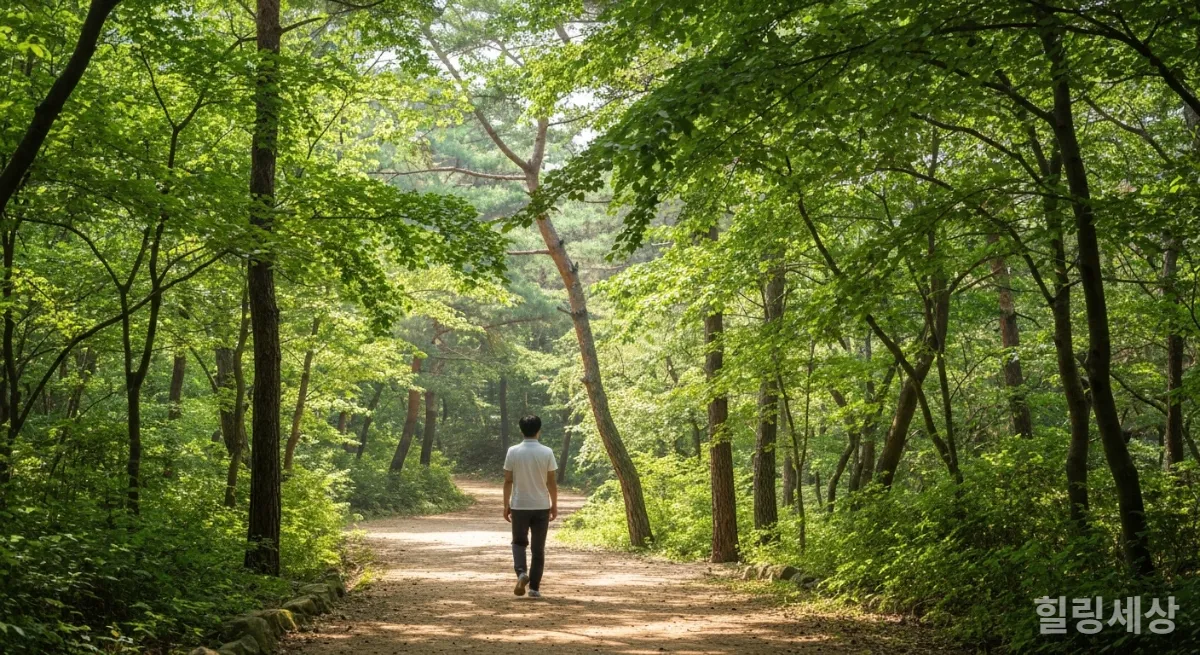 자연 속 숲길을 걷는 사람의 뒷모습