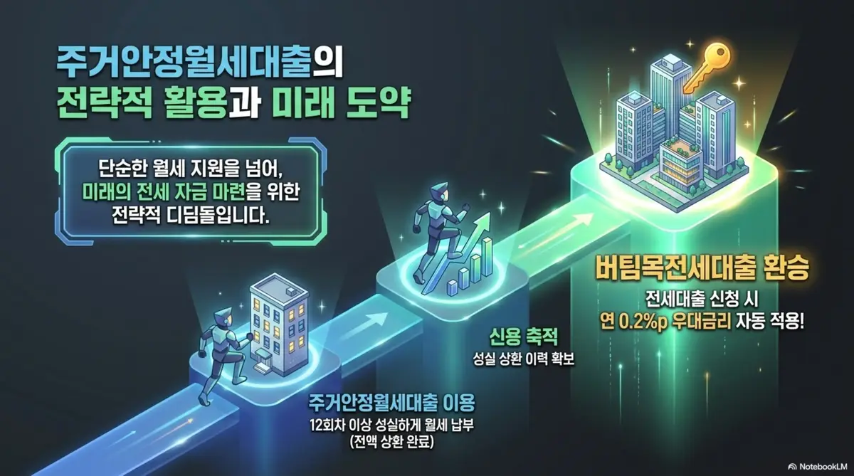 주거안정월세대출을 12회차 이상 성실하게 이용한 뒤 버팀목전세대출 신청 시 연 0.2%p 우대금리가 자동 적용되는 전략적 활용 방법을 단계별로 보여주는 이미지. 단순한 월세 지원을 넘어 미래 전세 자금 마련을 위한 디딤돌이 되는 구조를 설명하는 이미지