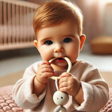 아기가 치발기를 사용해 이앓이를 완화하는 모습