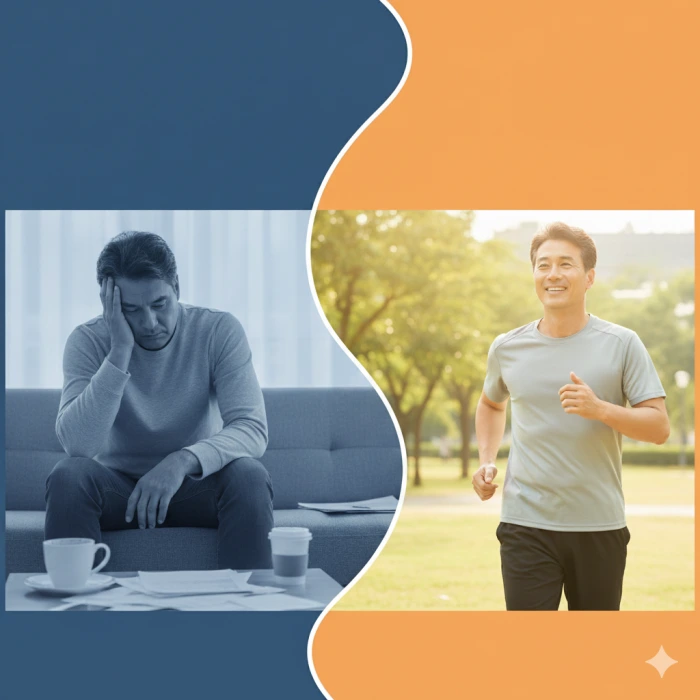 피곤하고 무기력하게 소파에 앉아있는 중년 남성과 대비되어, 활기차게 조깅하는 중년 남성이 보이는 이미지.