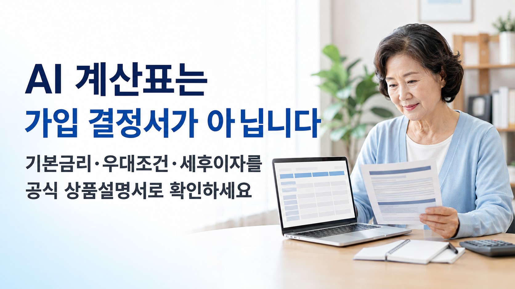 AI가 작성한 예금&middot;적금 금리 비교표와 금융회사의 공식 상품설명서를 대조하는 60대 한국인 여성