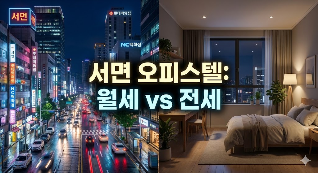 부산 서면 야경과 아늑한 오피스텔 내부가 대비되는 썸네일, 중앙에 '서면 오피스텔: 월세 vs 전세' 문구가 적혀 있음